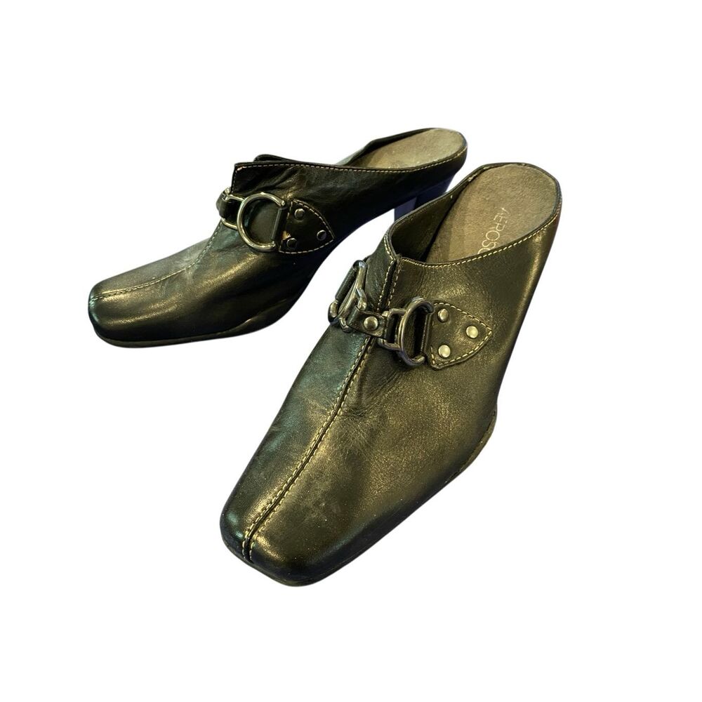 Aerosoles Black Leather Mule Heels Slip On Comfort Shoes Women’s 6.5M Workwear